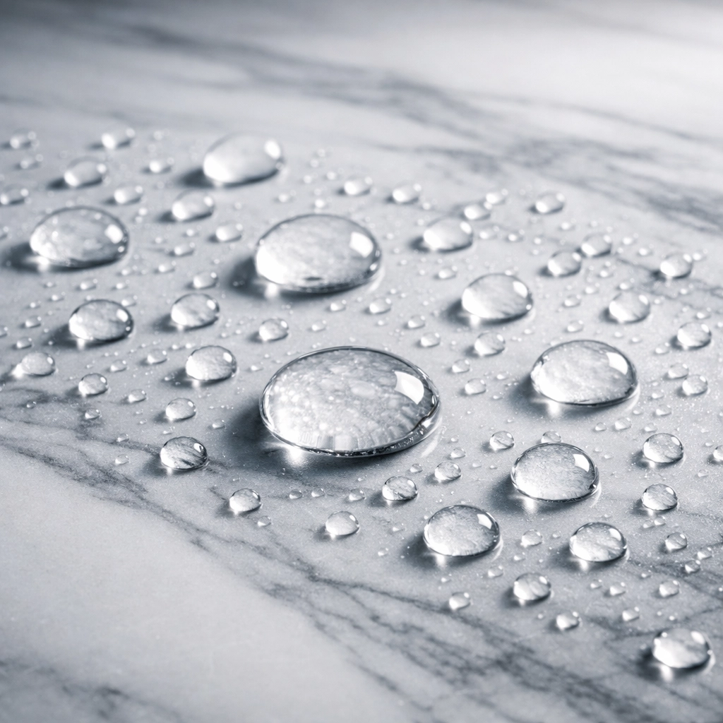 Water droplets on large format porcelain tile showing moisture resistance