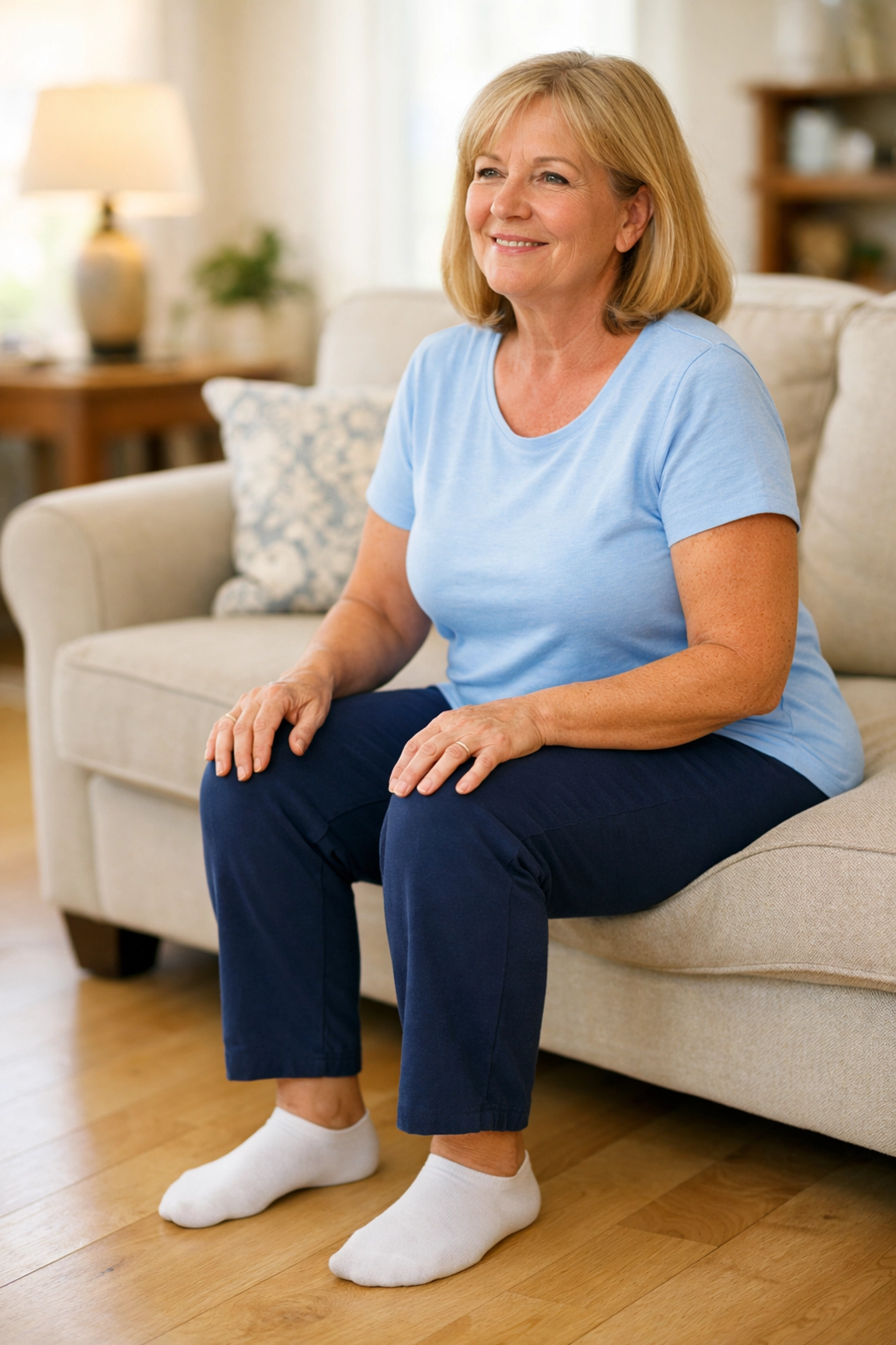 Woman resting on couch after successfully getting up from a fall