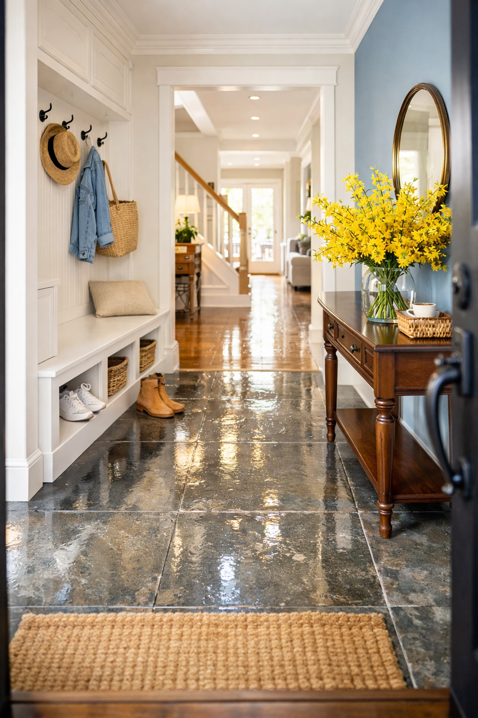 Sun-drenched home entryway reflecting a fresh start with move-in cleaning Southborough MA.