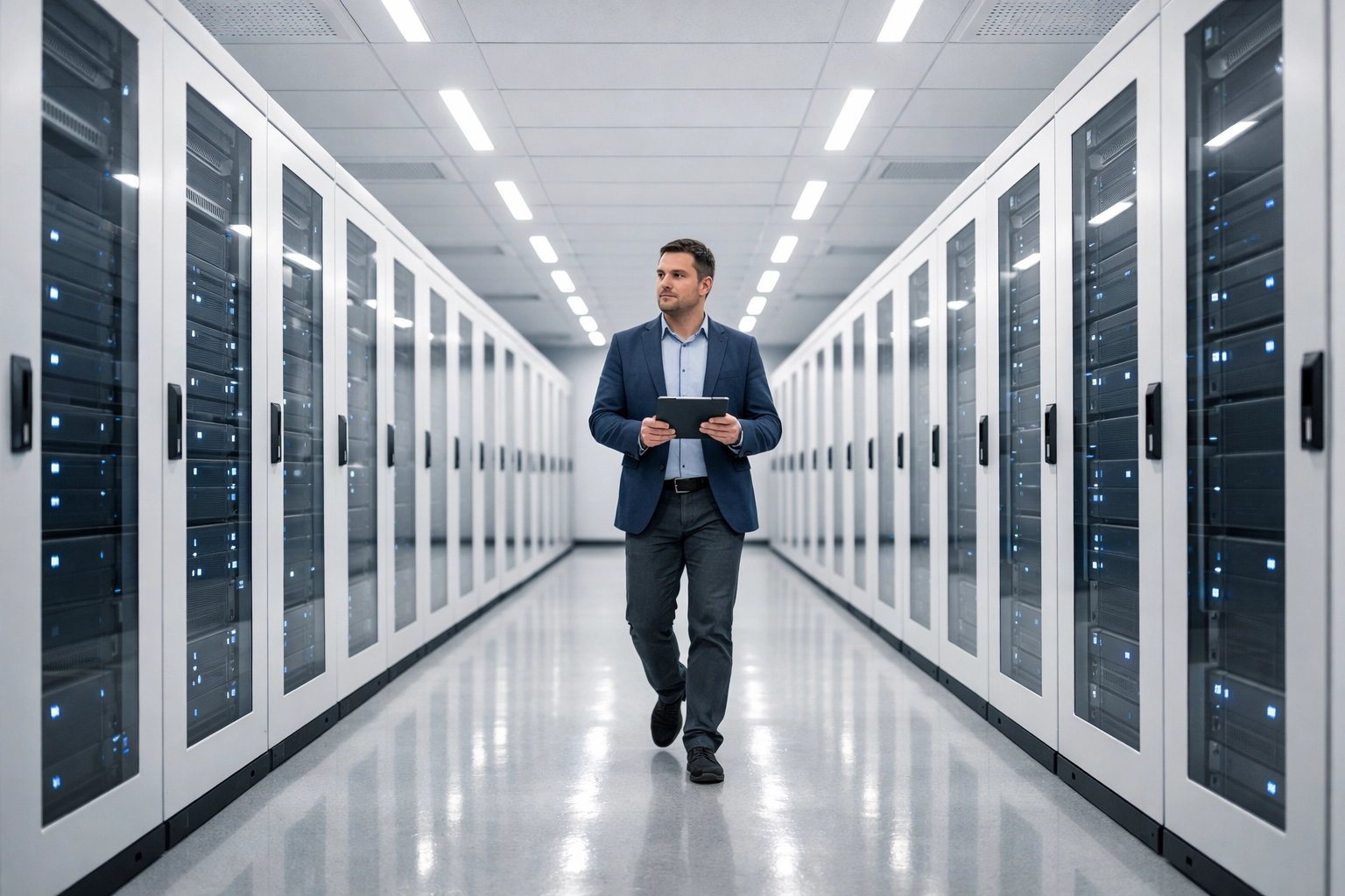 IT professional using ServiceNow ITOM tools in a modern data center to manage infrastructure and DORA compliance.