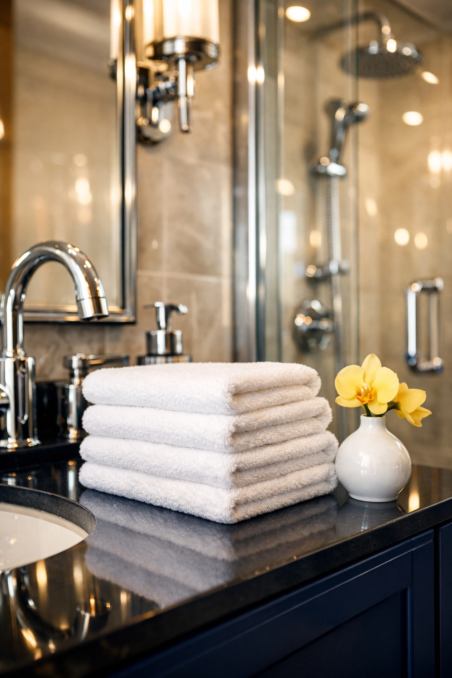 A sparkling clean luxury bathroom with streak-free glass and fresh towels, creating a high-end tenant move-in experience.