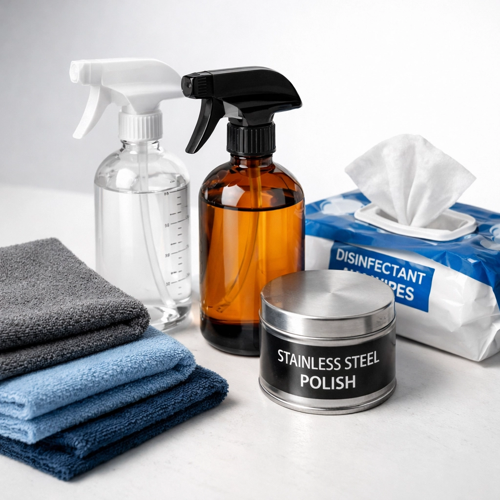 Professional elevator cleaning supplies including microfiber cloths, spray bottles, and polish