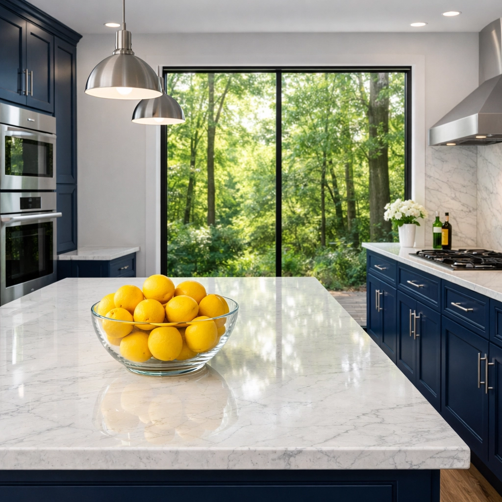 Pristine marble countertops in a luxury Lincoln kitchen cleaned with eco-friendly products, overlooking local woods.