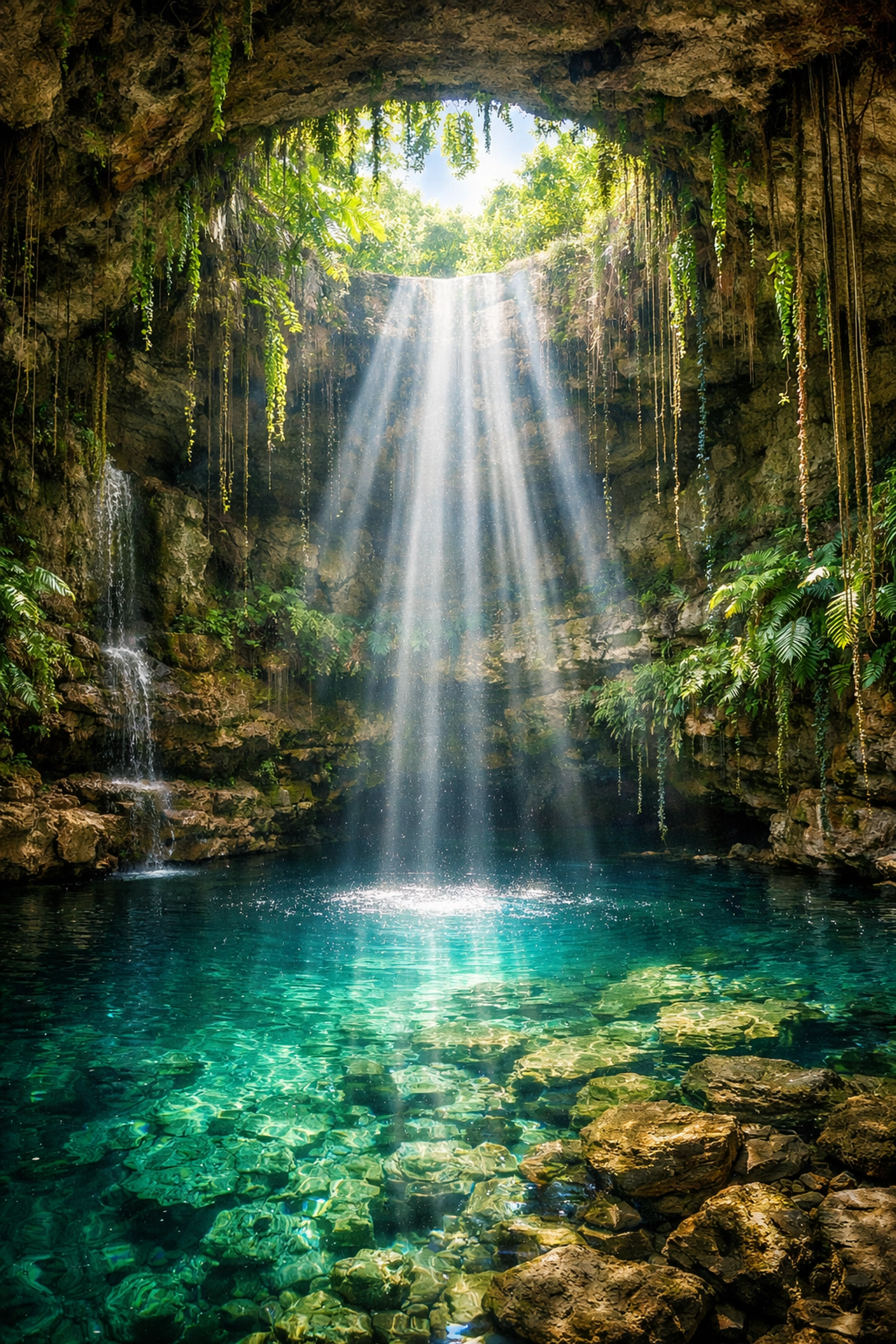 A crystal-clear Mexican cenote with sunlight streaming into the emerald pool, a seaweed-free swimming alternative.