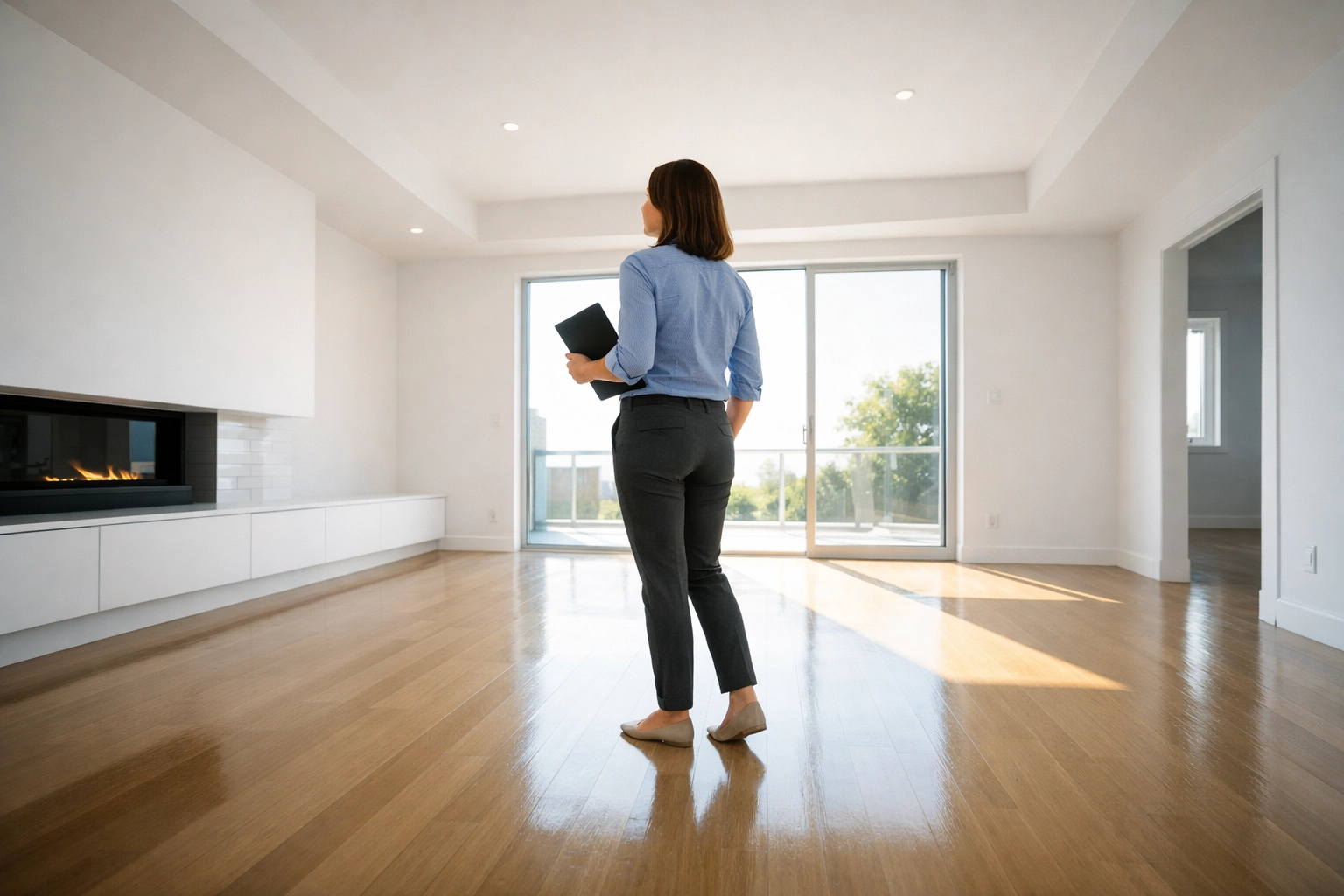 Property manager inspecting a sunlit apartment after a successful make-ready cleaning turnover.