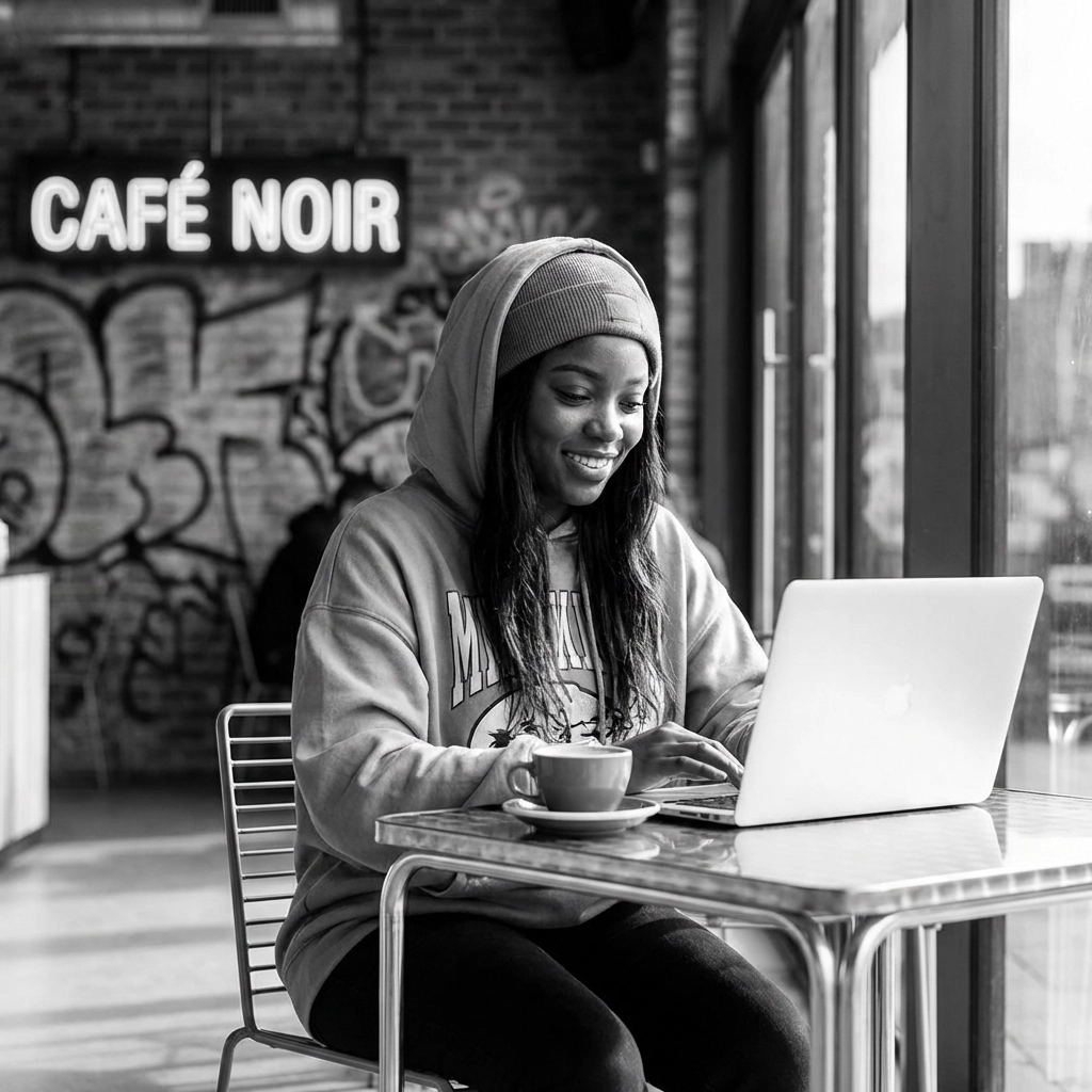 Young Black woman in trendy streetwear reading pop culture news on her laptop in a modern urban café with neon accents.