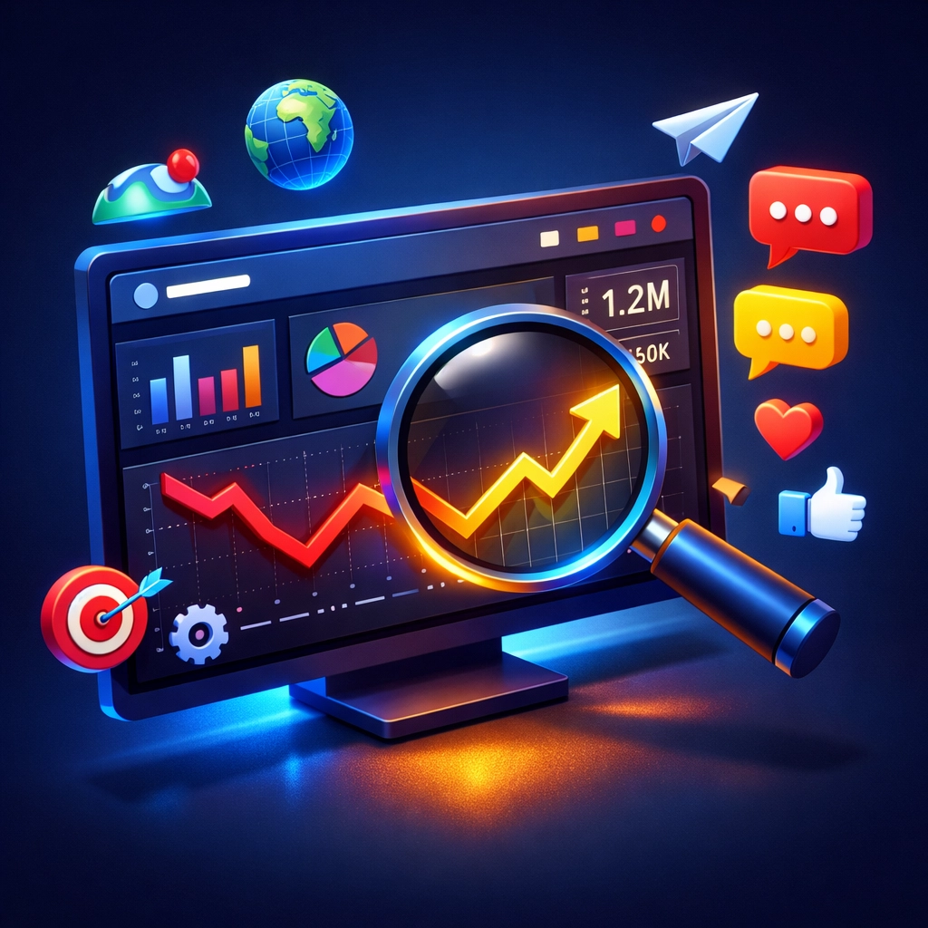 Digital marketing dashboard tracking international PPC campaign performance and business growth metrics.