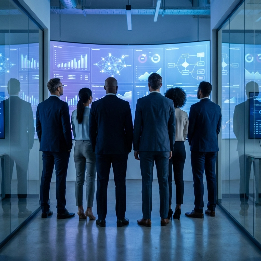 Business professionals analyzing data visualizations, highlighting SAP talent planning challenges