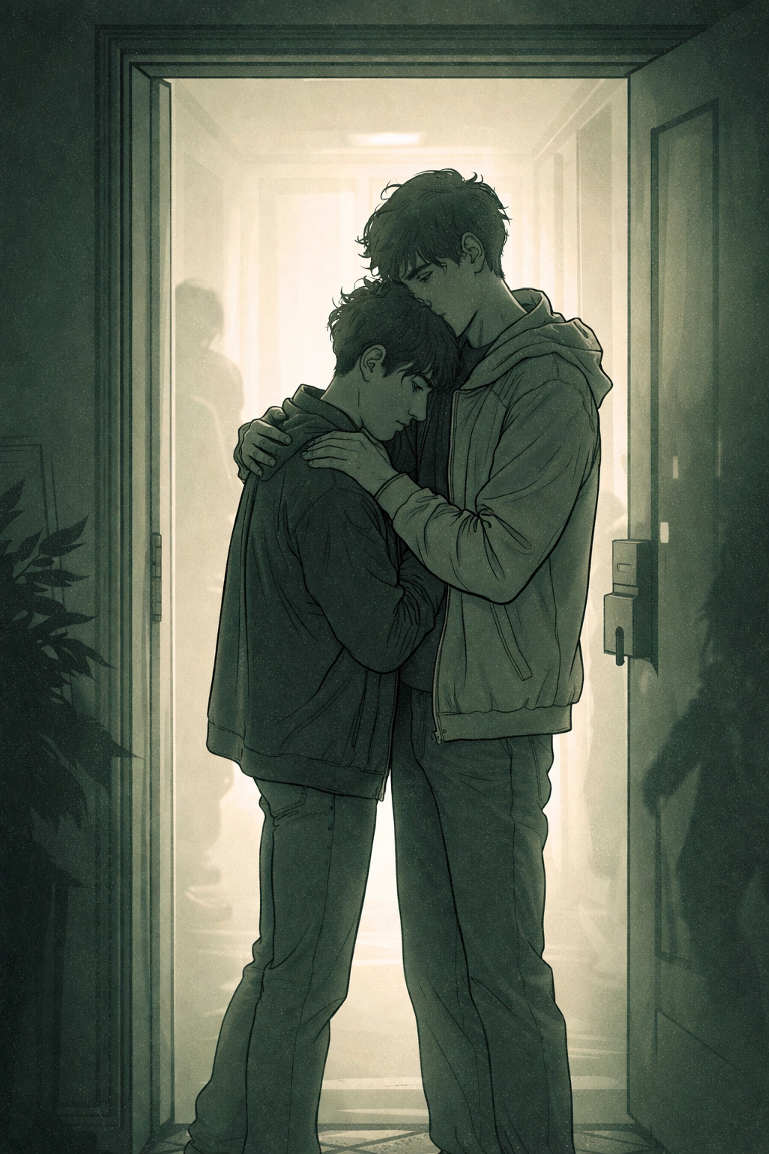 Two men stand close in a doorway, highlighting intimacy, trust, and MM romance amidst danger in The Aestheticist