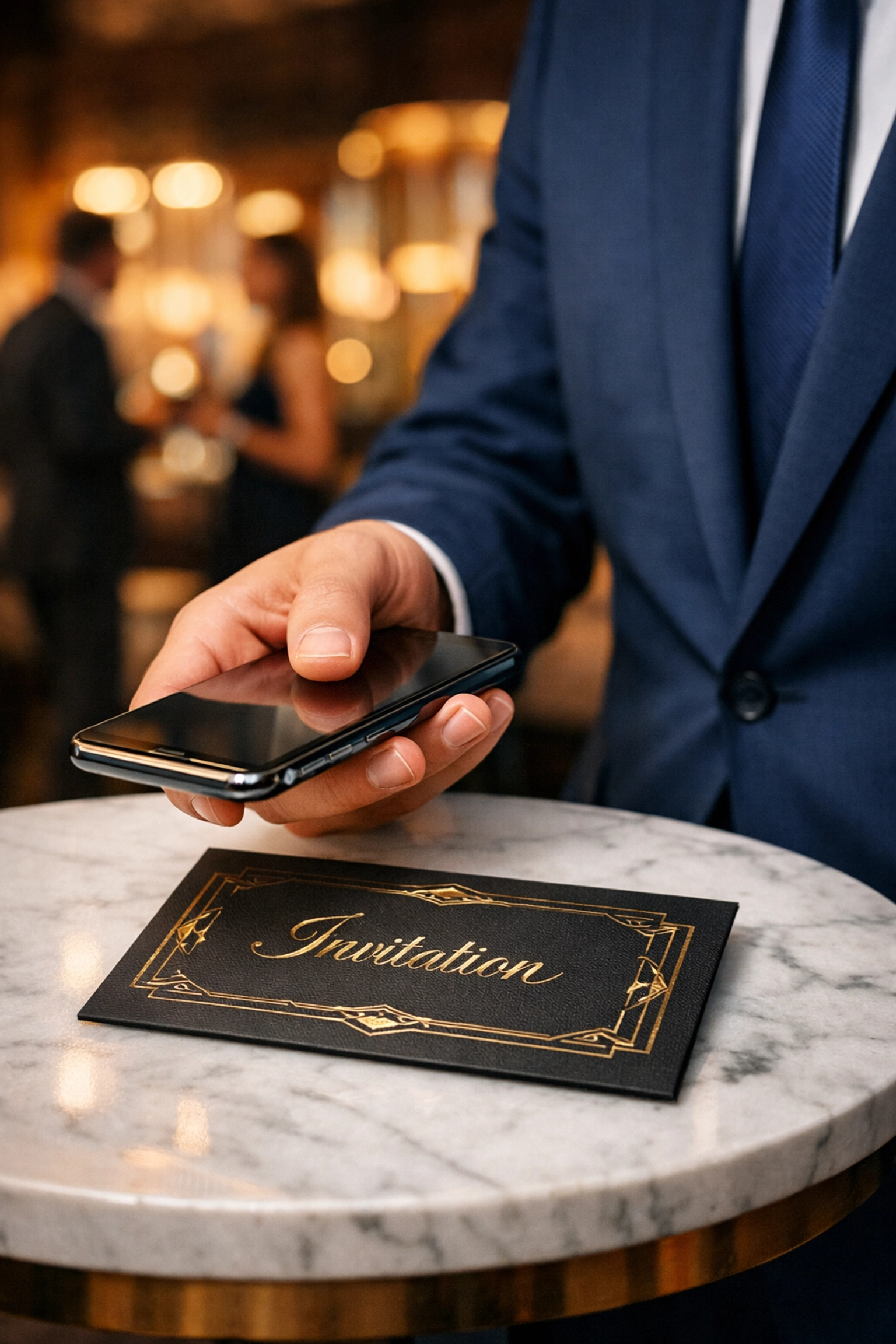 An executive using a smartphone for digital networking at a high-end Super Bowl brand event.