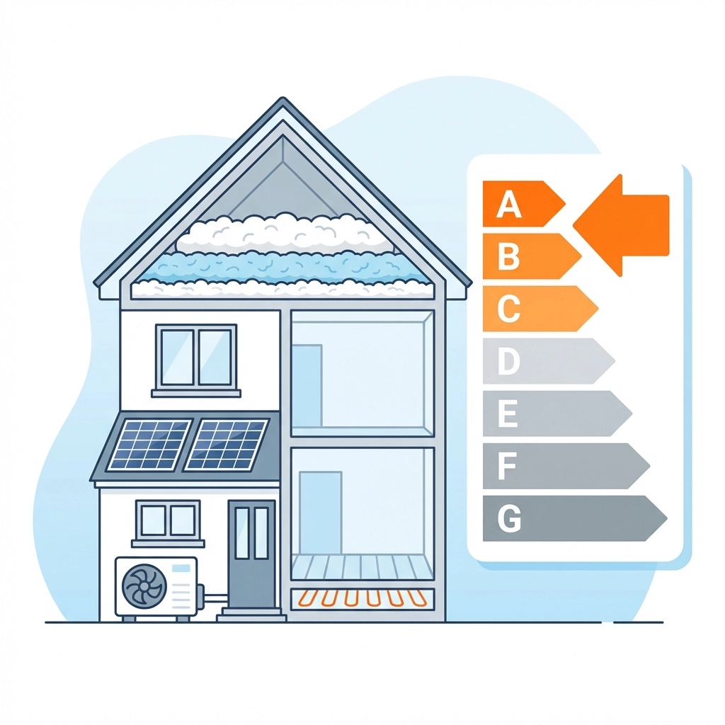 Cross-section of a UK home highlighting loft insulation and high energy efficiency rating on an EPC scale