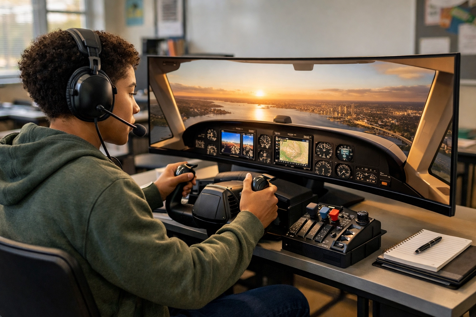 High school student using a flight yoke and simulator in a classroom setting for pilot training.
