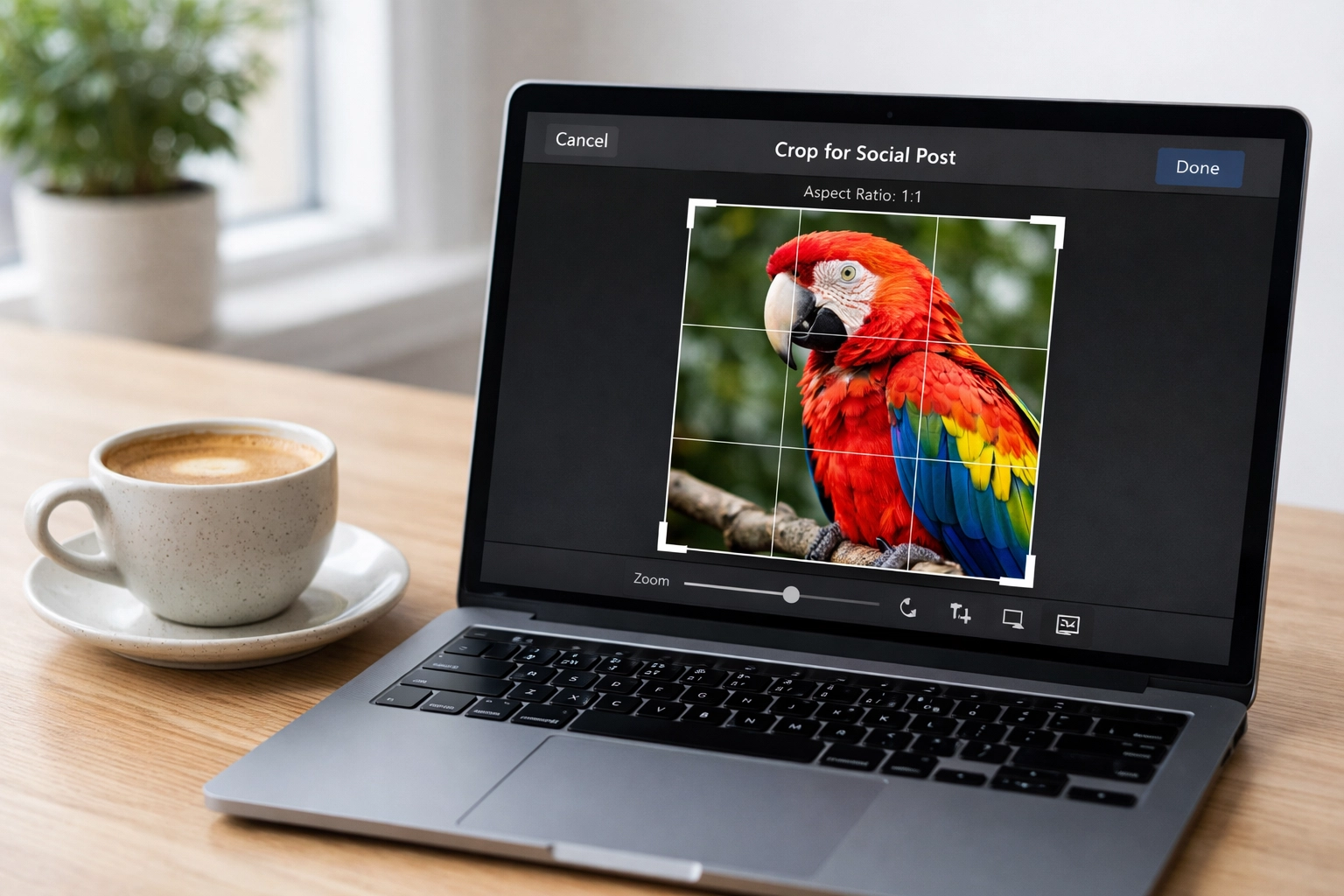 Marketing professional using animal photography stock to create social media posts on a laptop.