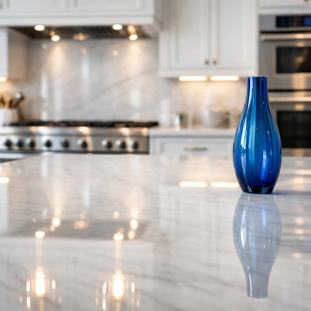 Spotless marble kitchen island showing detailed residential cleaning Massachusetts in luxury homes.