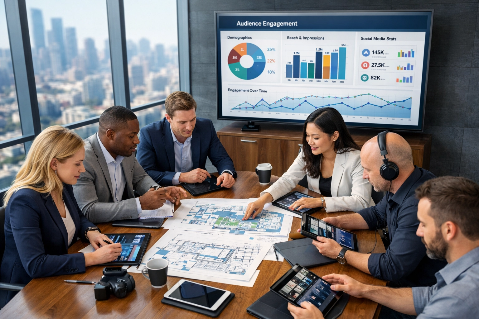 Dakdan Worldwide strategic consultants planning a high-impact event using data analytics in a modern boardroom.