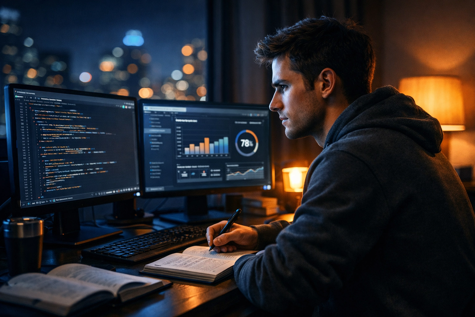 Focused student in a home office studying a coding environment for online career certification.