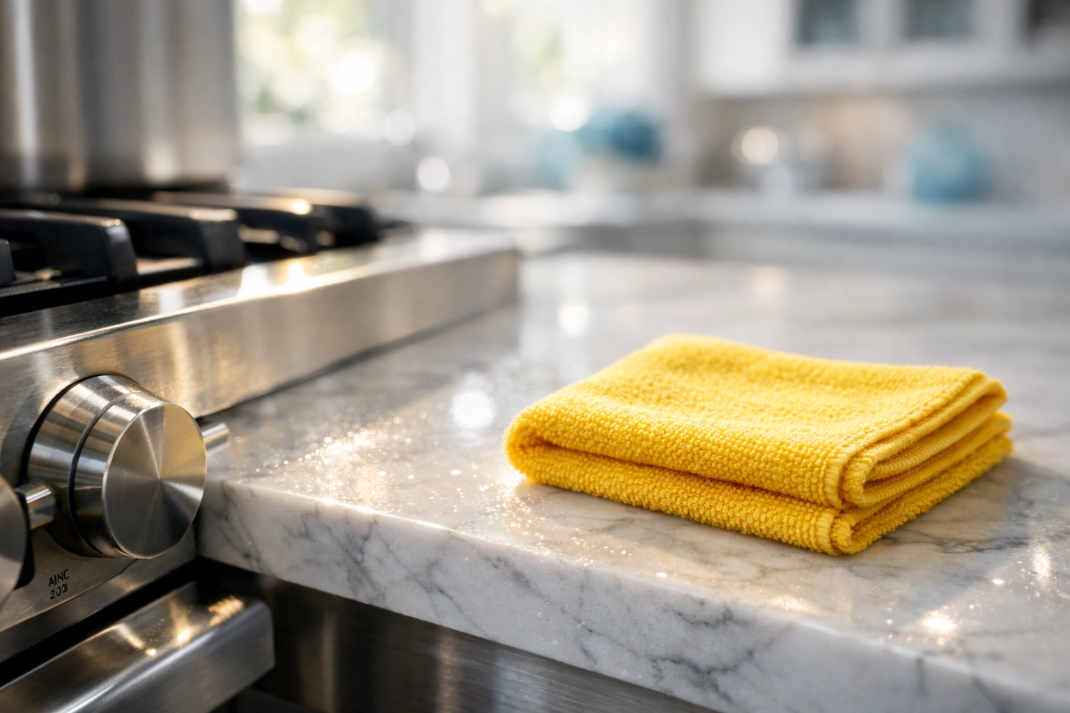 Pristine kitchen marble countertop cleaned by a reliable house cleaning service in Marblehead MA.