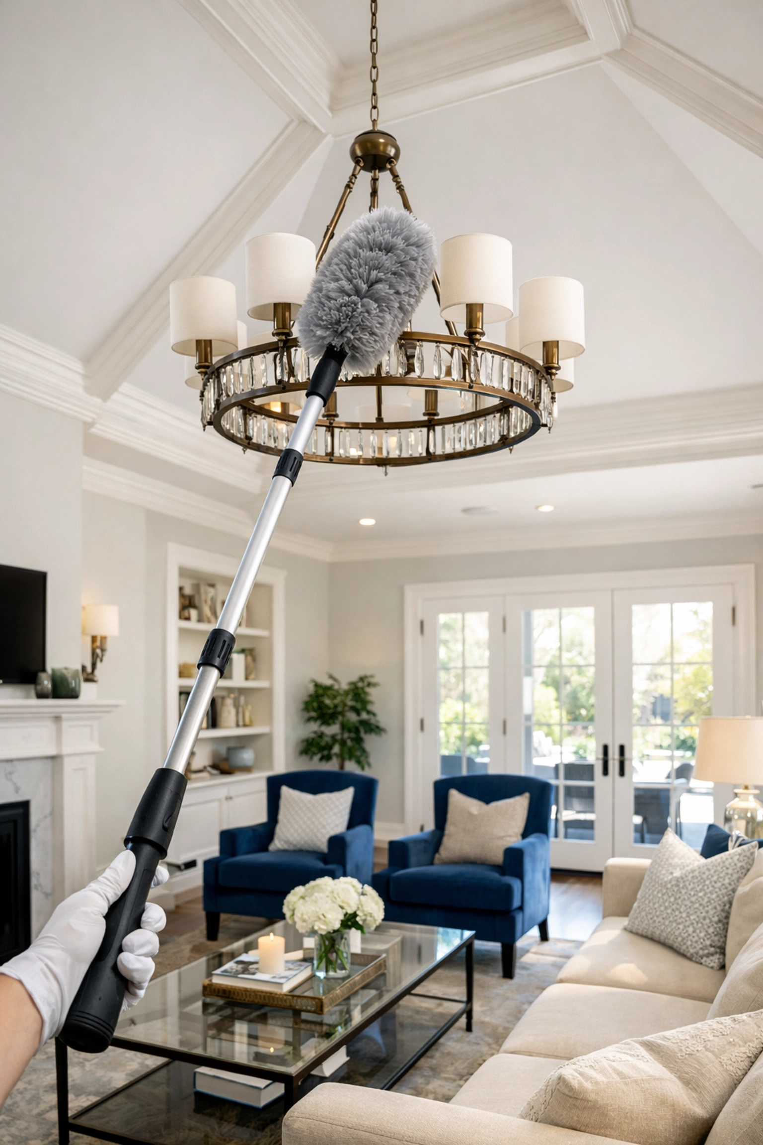 Professional weekly house cleaning in Westford using top-to-bottom dusting techniques on high ceilings.