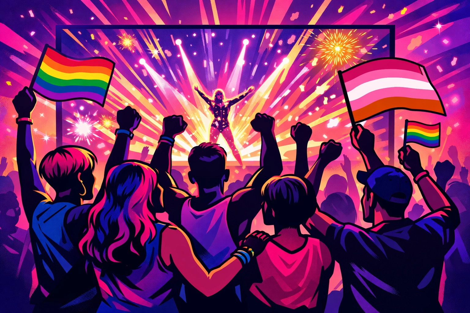 LGBTQ+ friends watching Eurovision together with pride flags and celebration