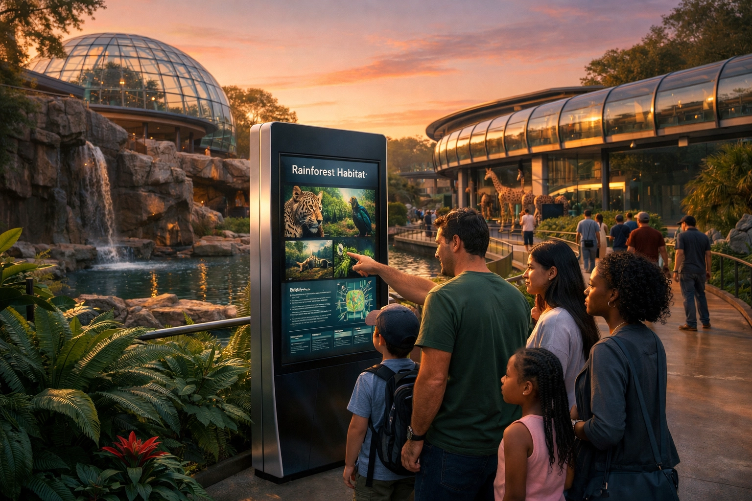 Visitors using a modern digital kiosk along a lush zoo walkway with a modern animal habitat background.