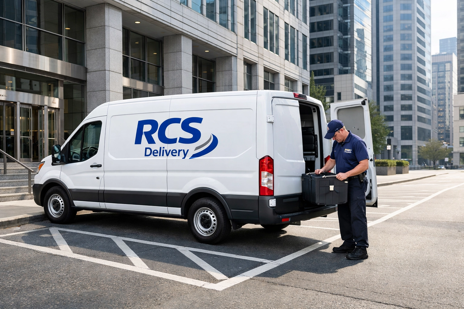 RCS Delivery van parked at a medical tower, highlighting secure courier services and bank courier logistics.