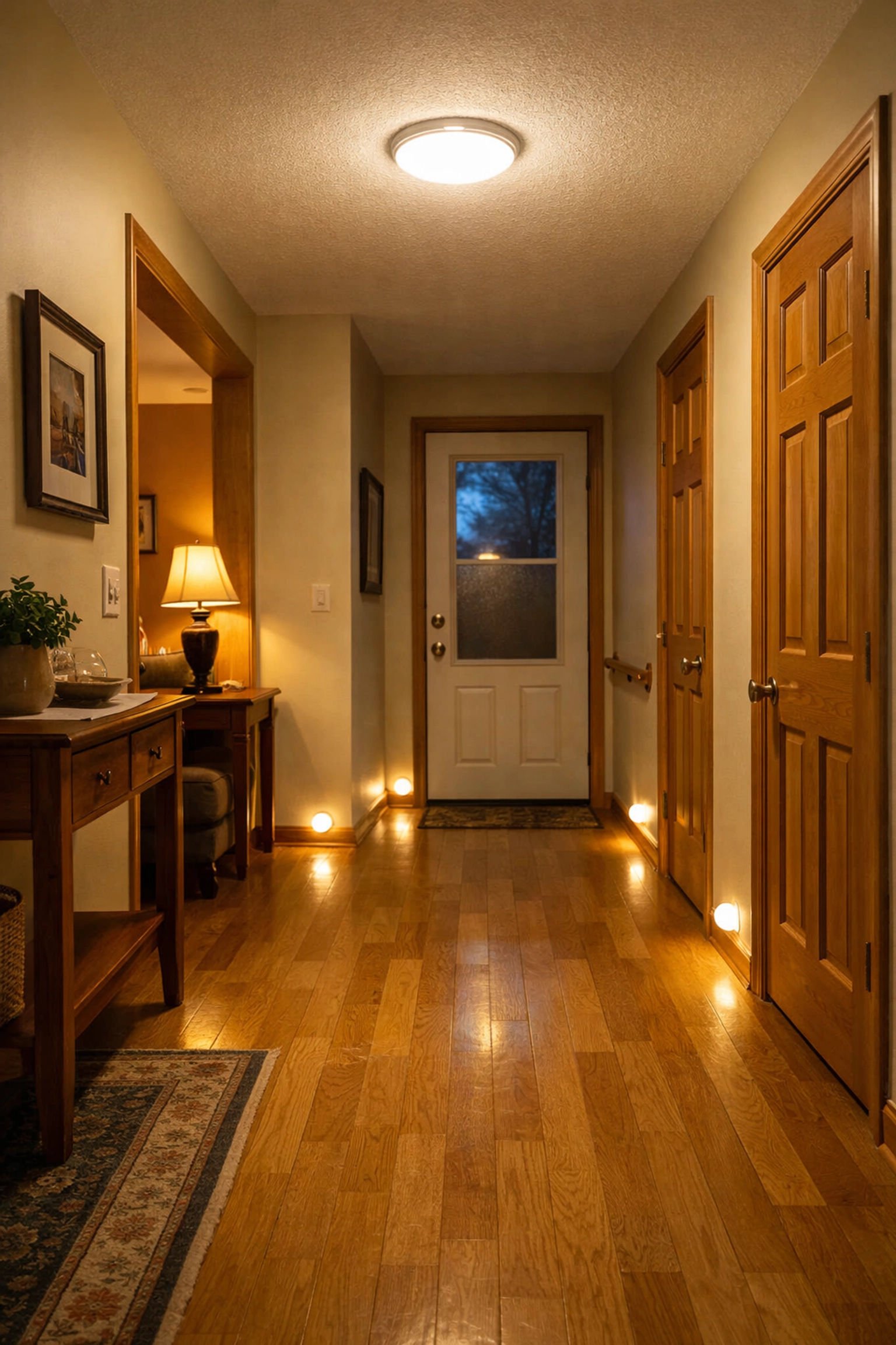 Well-lit hallway with nightlights and motion sensors for senior fall prevention