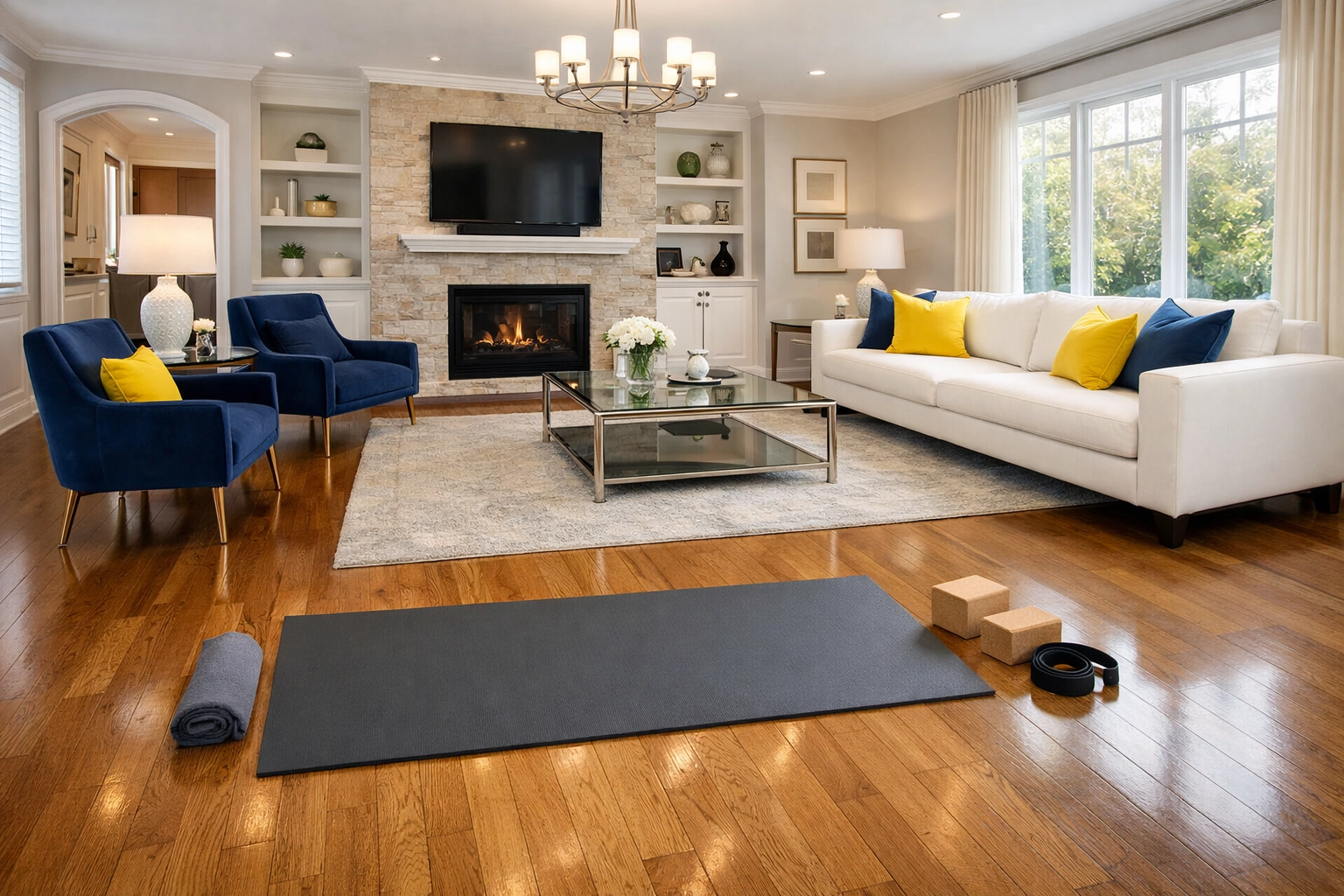 Clean yoga mat on polished wood floors in a living room after bi weekly house cleaning.