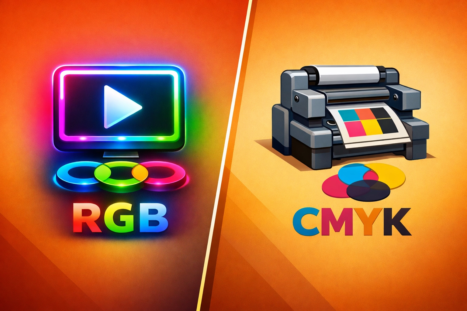 Side-by-side comparison of RGB screen colors versus CMYK print colors on logo design