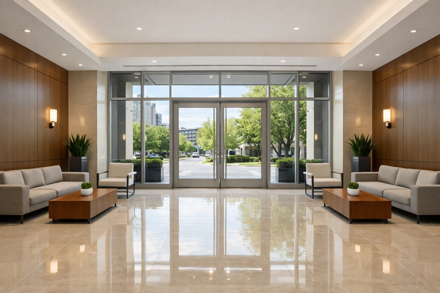 Modern and clean multifamily building lobby in Indianapolis showcasing high-standard property management.