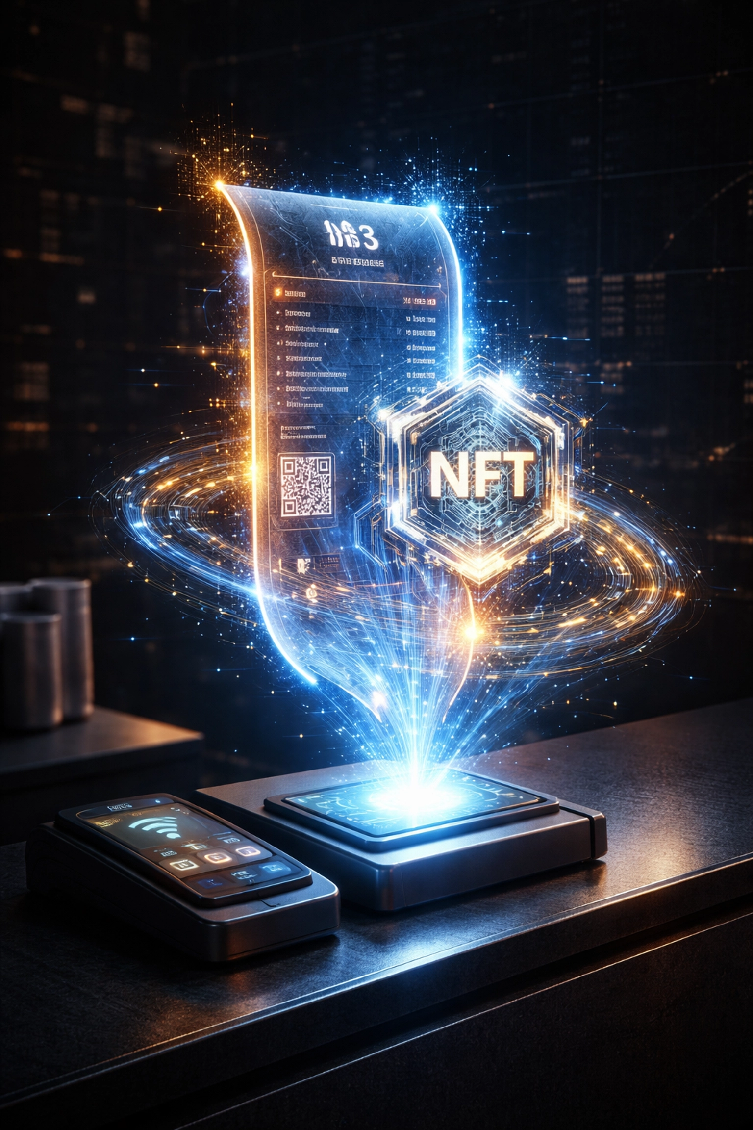 NFT receipts creating immutable blockchain transaction records at a modern merchant checkout, enhancing Web3 payment security and speed