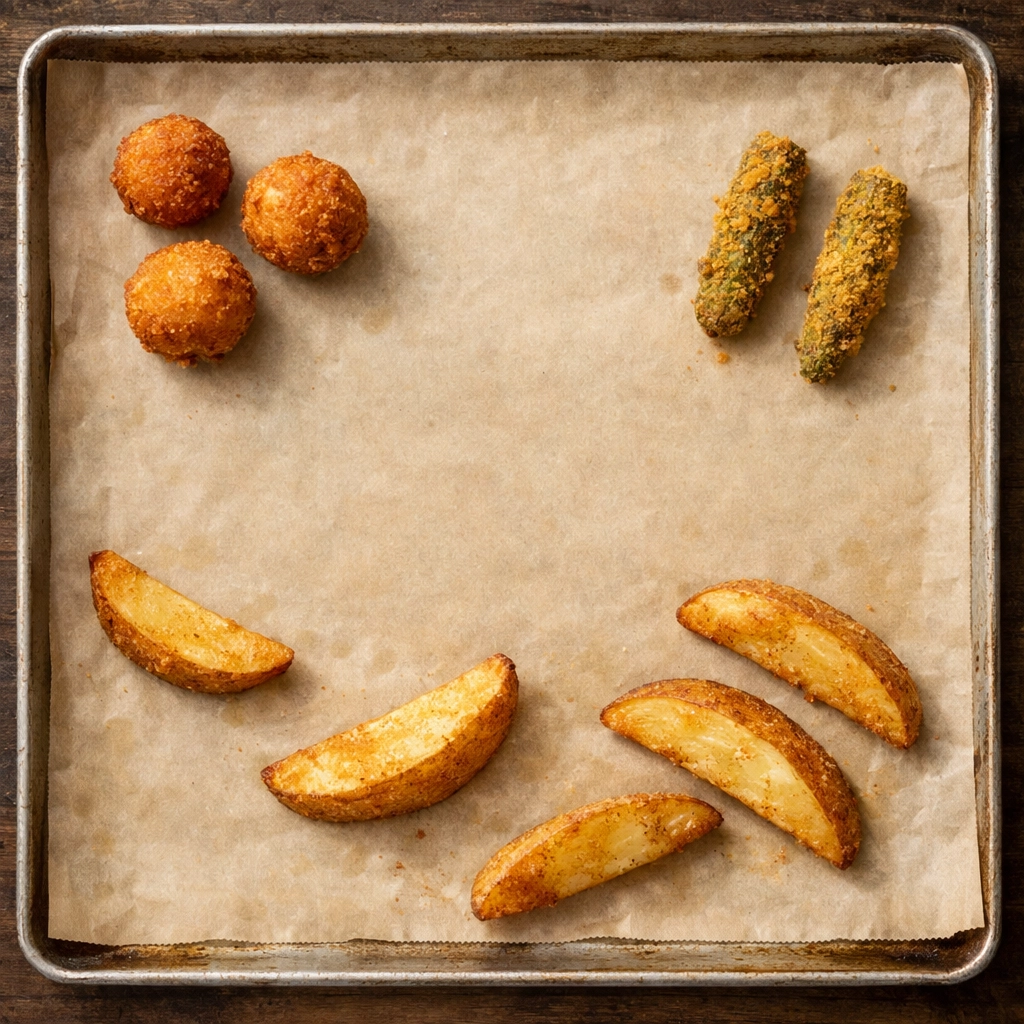 Hushpuppies and fried okra spaced out on a baking sheet to ensure even, crispy reheating.