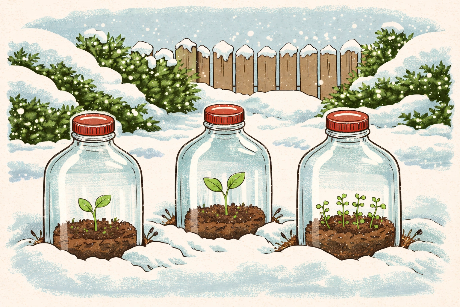 Three milk jugs used as mini-greenhouses in snowy backyard, each with different seedlings, showing simple winter seed starting in Zone 6.