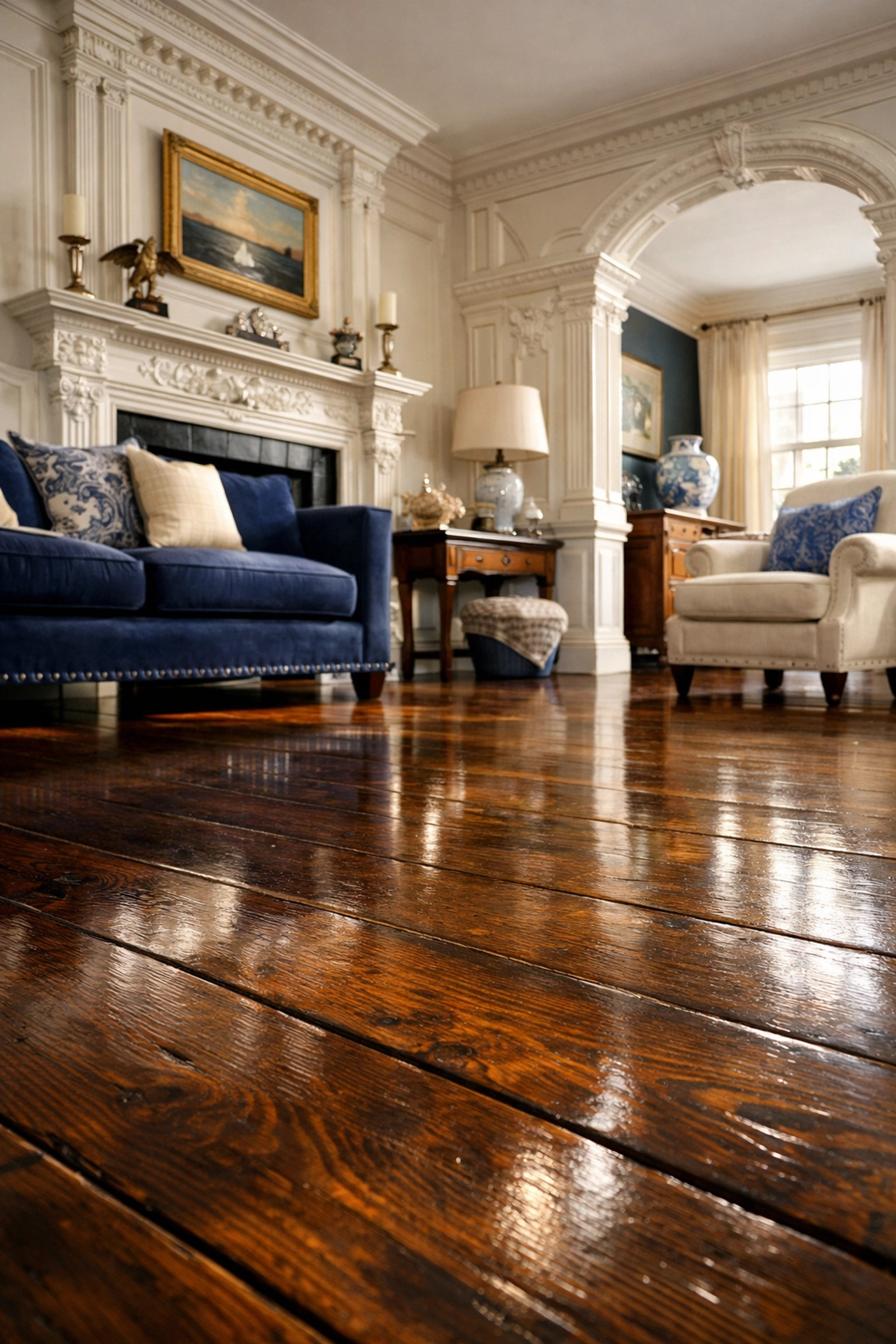 Polished wide-plank wood floors in a historic home preserved by luxury residential cleaning in Marblehead.