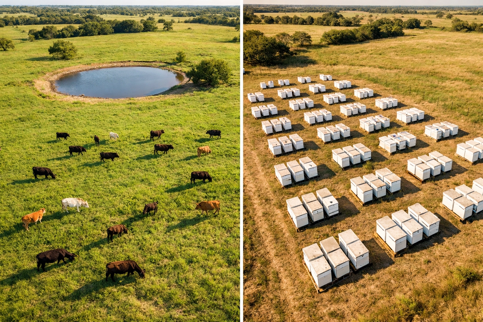 Aerial view comparing cattle grazing and beehive operations on Texas land for agricultural tax exemption