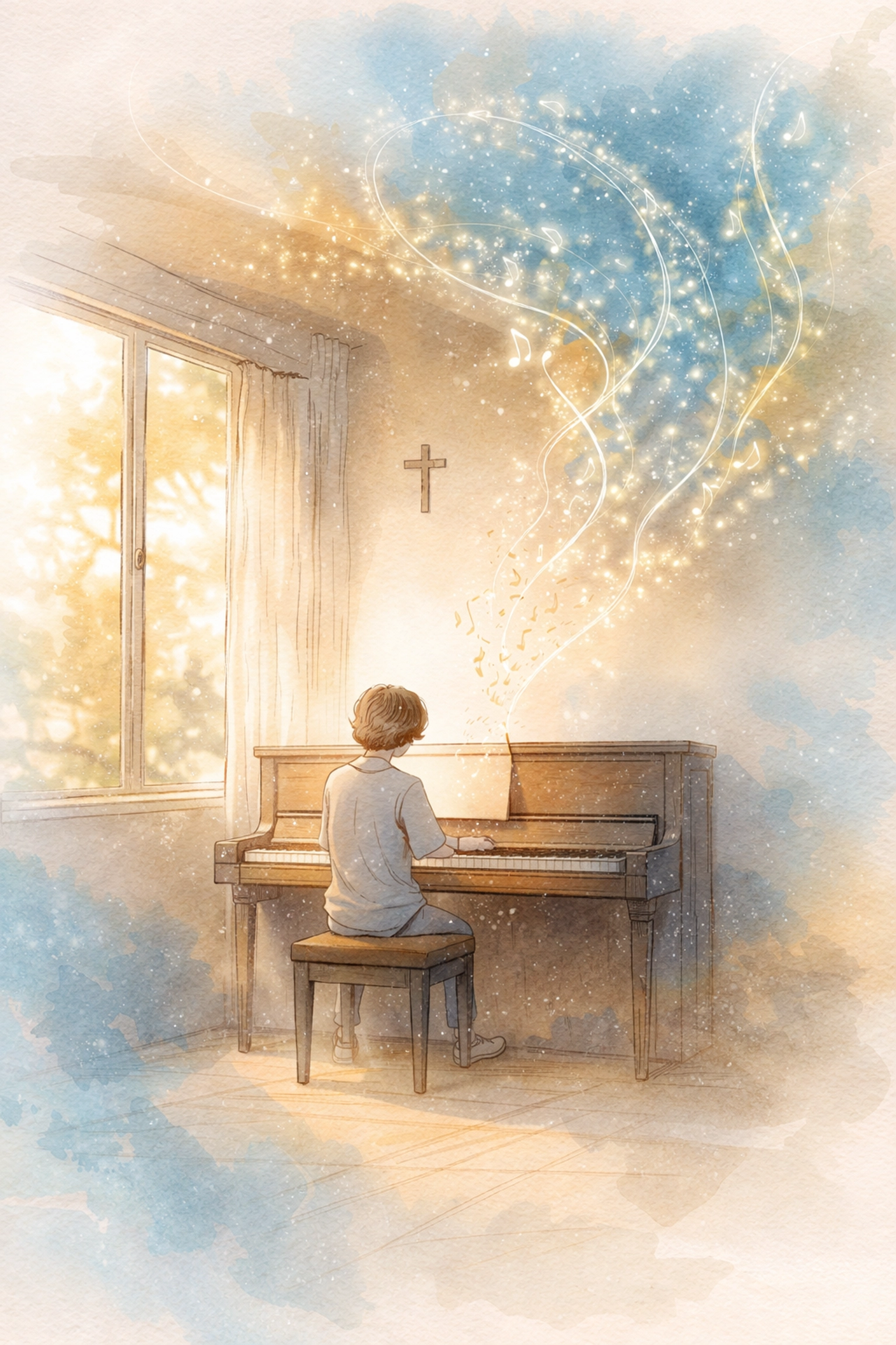 Hand-drawn illustration of a person at a piano, showing how peaceful music calms the ADHD brain through faith-inspired imagery.