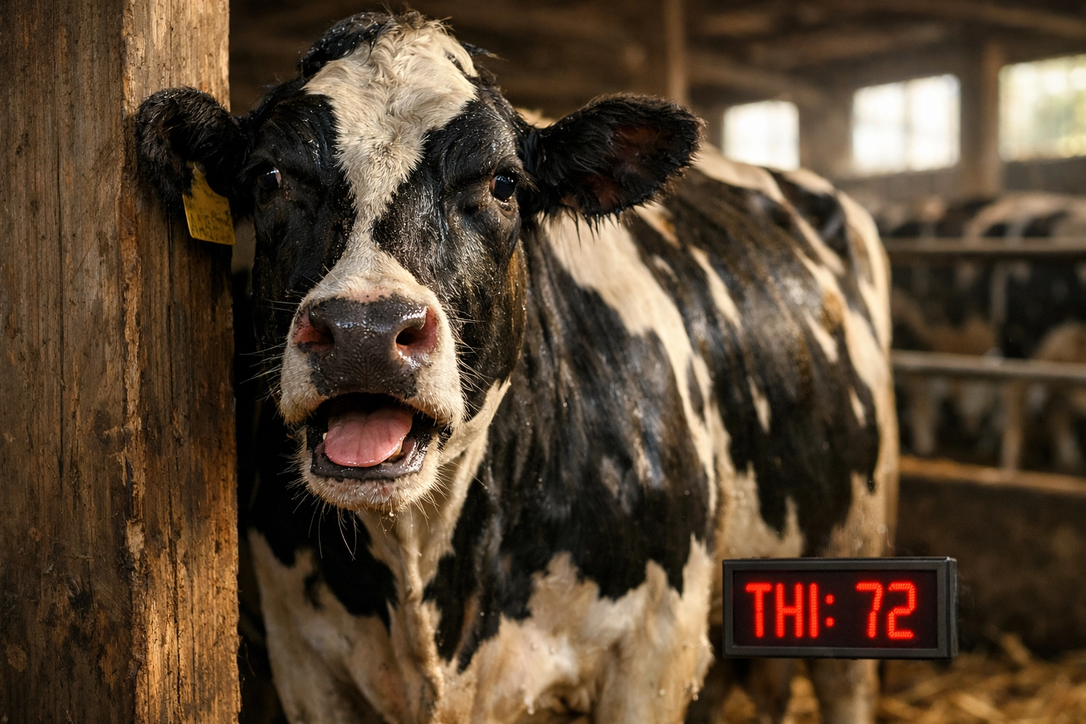 Holstein dairy cow experiencing heat stress in barn with THI heat stress index monitoring display