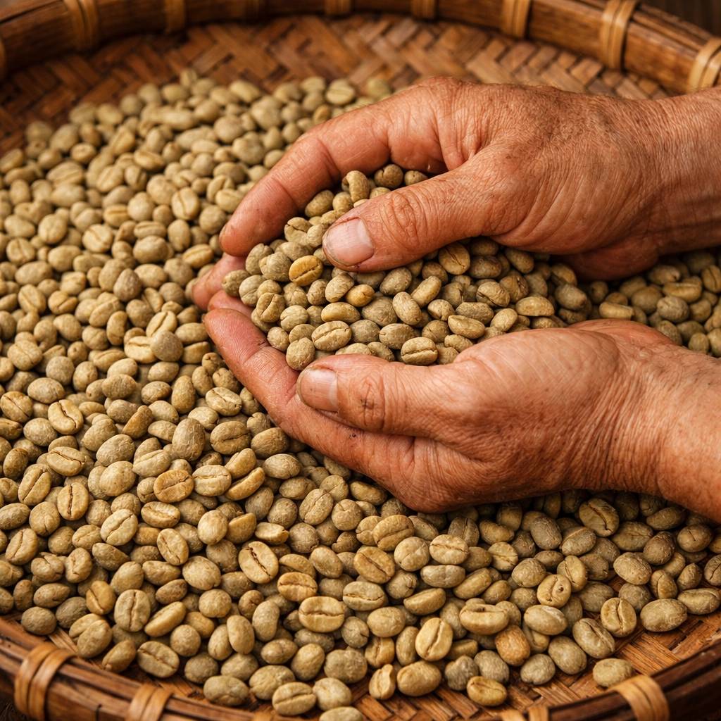 Hands carefully sorting raw green coffee beans on a bamboo tray for high-quality specialty coffee.