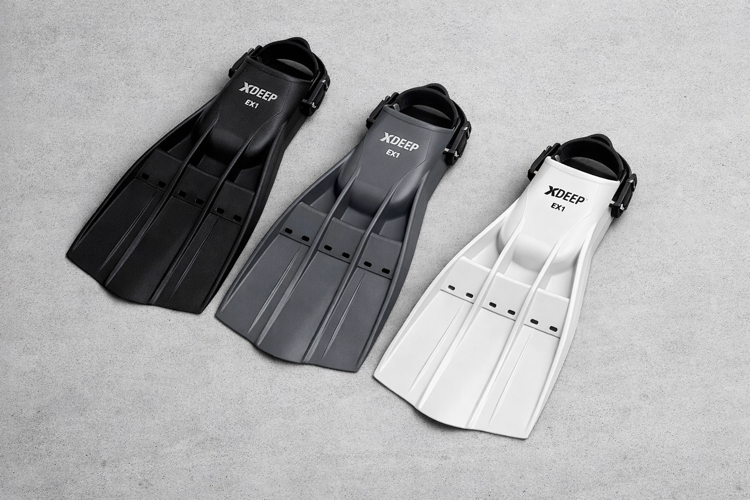 Drei xDeep EX1 Flossen-Varianten in den Härtegraden Soft, Medium und Hard.