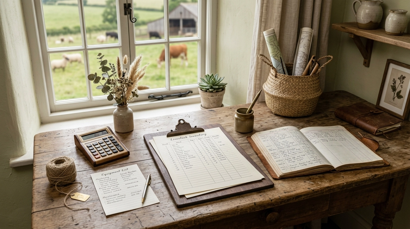 Westmoreland County rural asset tracking documents, farm ledger, and equipment lists on a Boho Chic desk