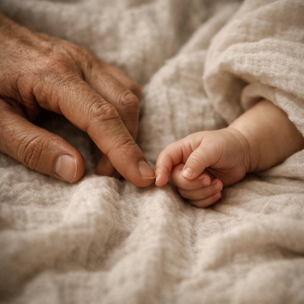 Close-up of baby and parent hands showing real connection and postpartum support.