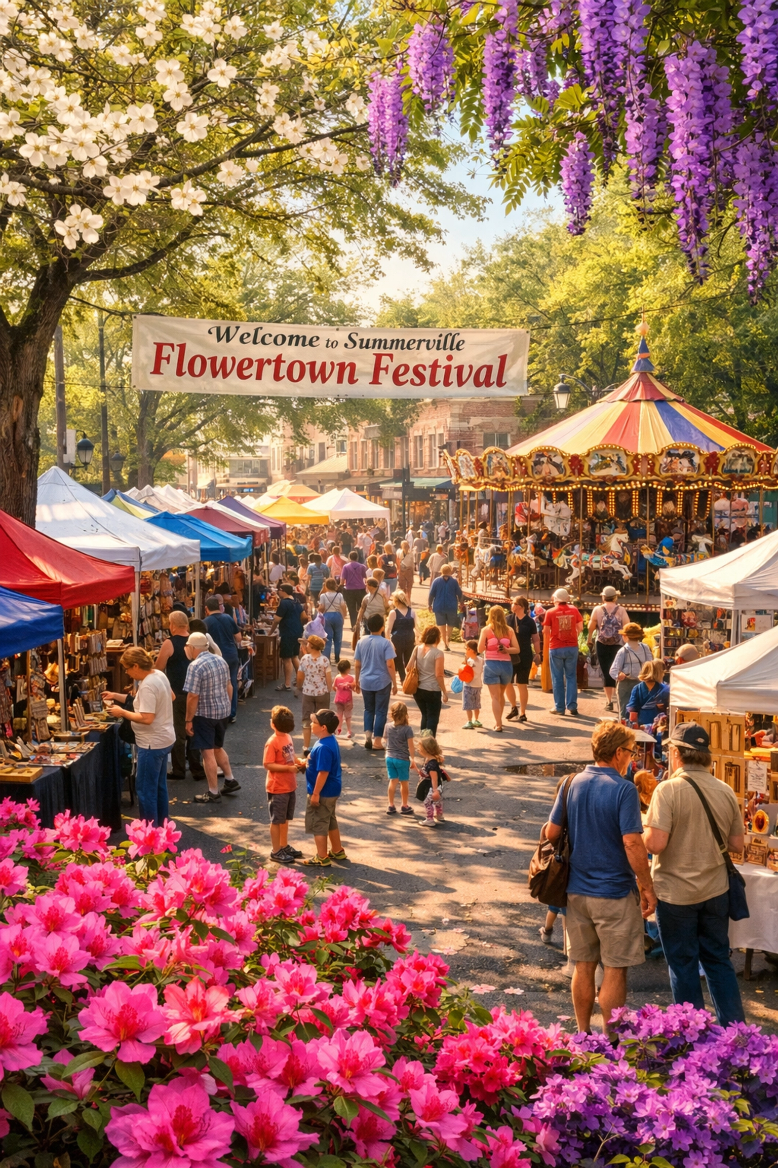 Flowertown Festival vendors and blooming azaleas in downtown Summerville during spring celebration