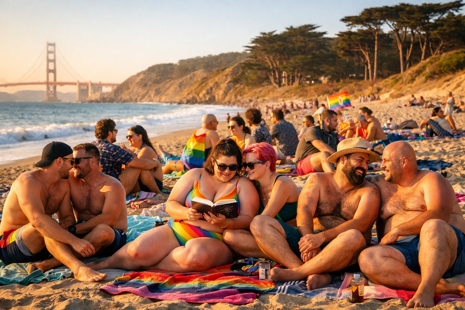 LGBTQ+ beachgoers enjoying Baker Beach's inclusive clothing-optional community atmosphere