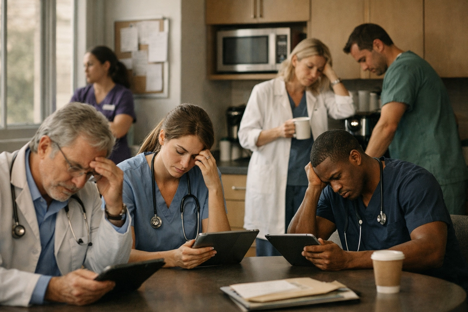 Why Provider Burnout is an Operational Crisis, Not a Personal One Stressed healthcare team in medical practice break room experiencing operational burnout