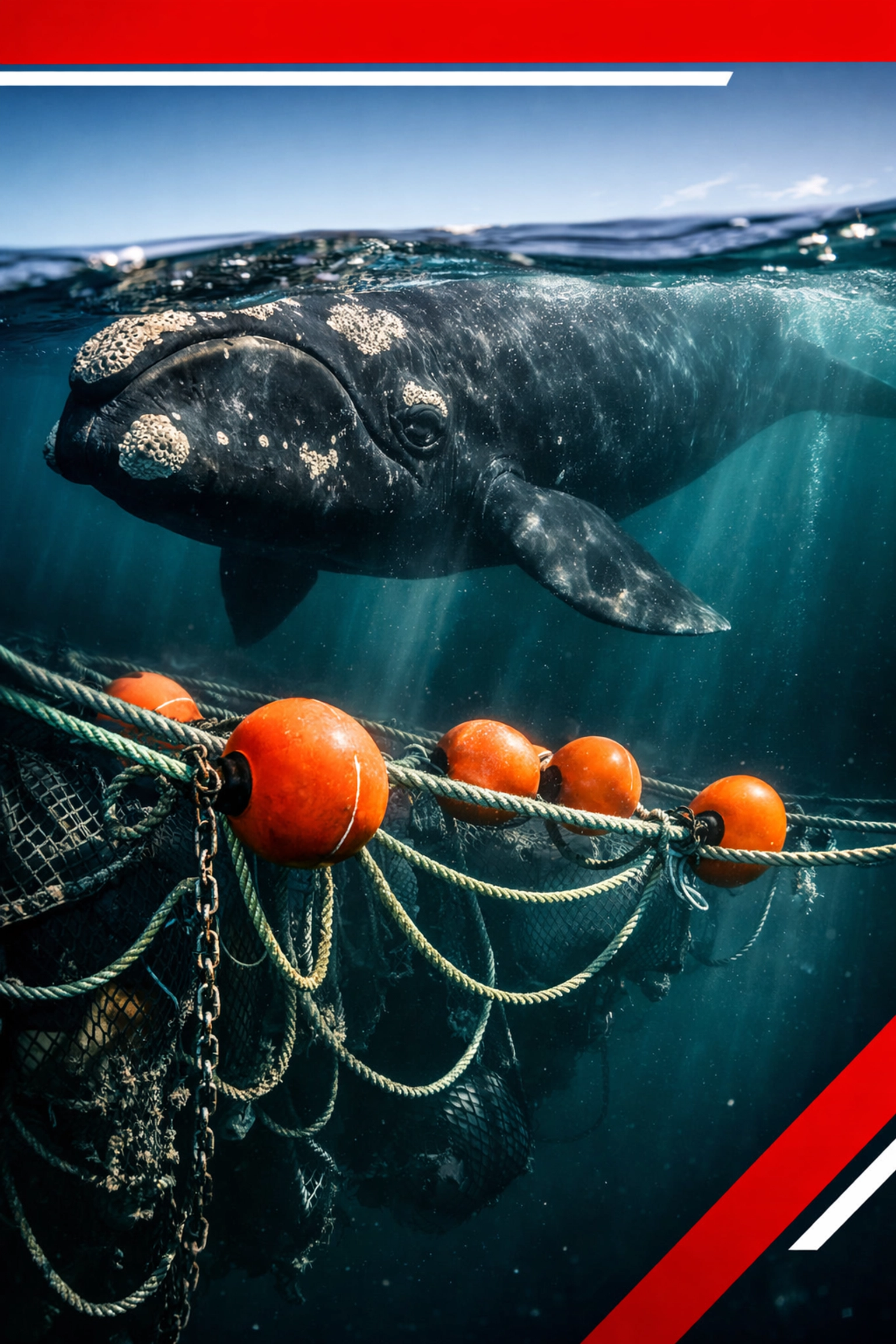North Atlantic right whale swimming near commercial fishing gear in Atlantic Canada