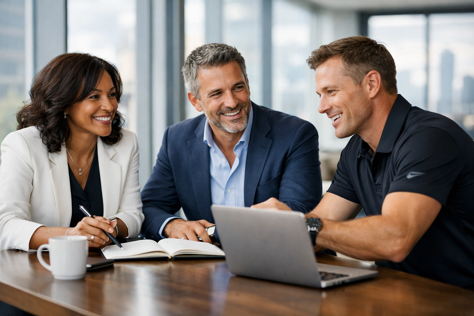 Business consultants and brand leaders discussing Super Bowl NIL strategy and compliance in a modern office.