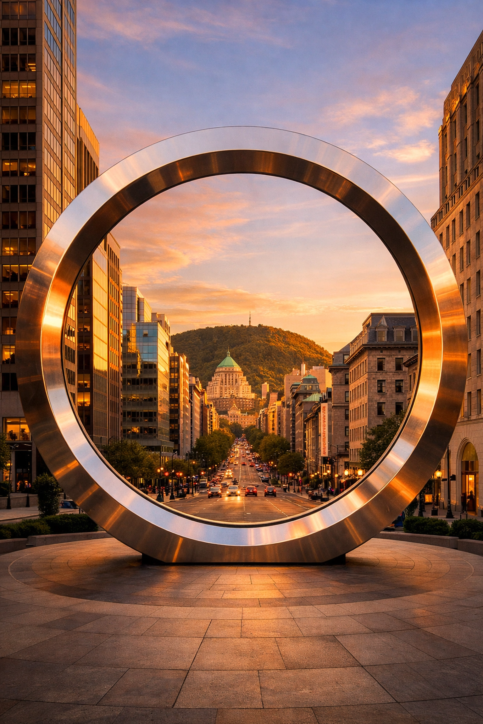 The Ring monument at Place Ville Marie framing the view of Mount Royal in downtown Montreal.