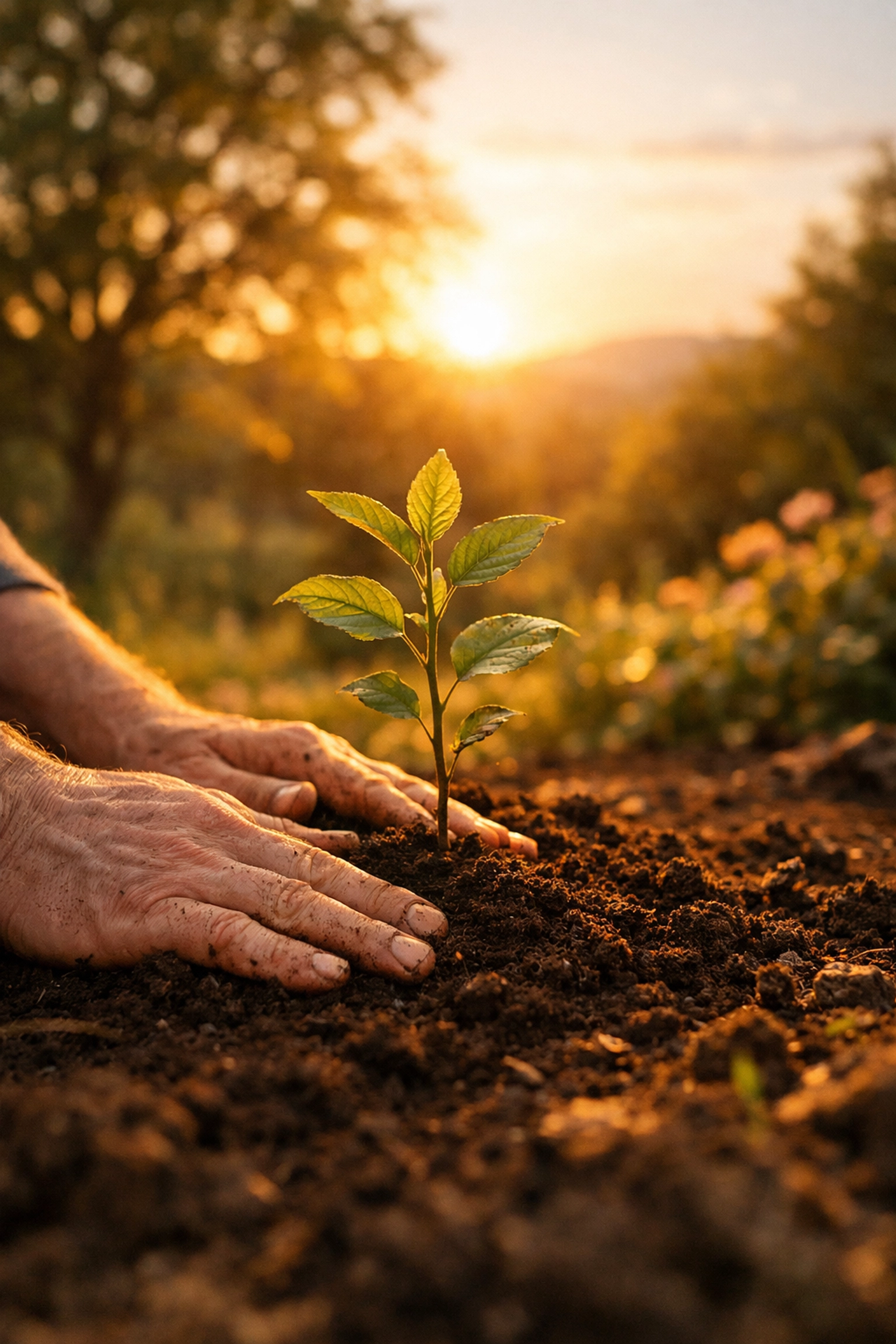 Close-up of hands planting a sapling, representing the growth of a retirement fund over time.