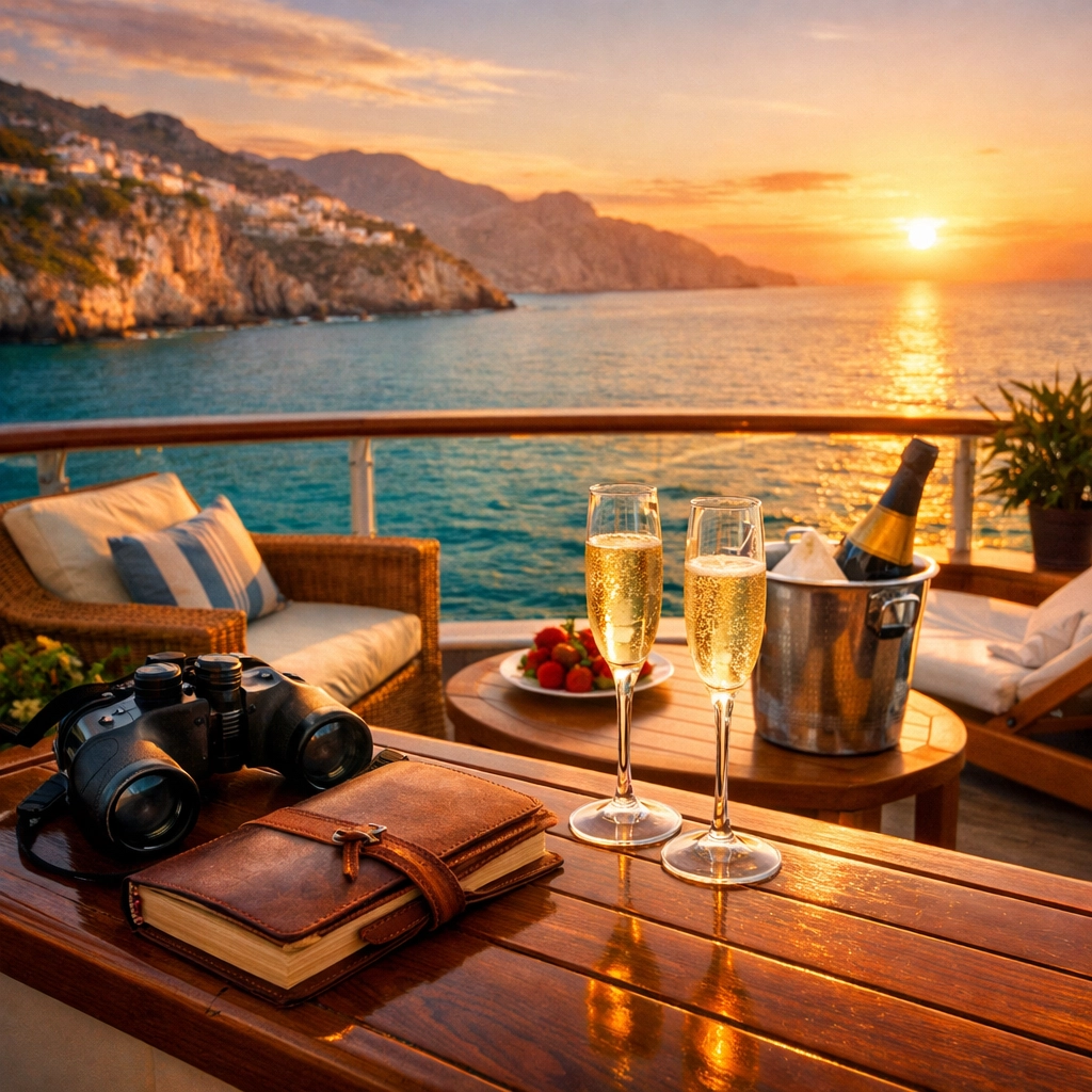 Luxury cruise ship balcony overlooking Mediterranean coastline at sunset