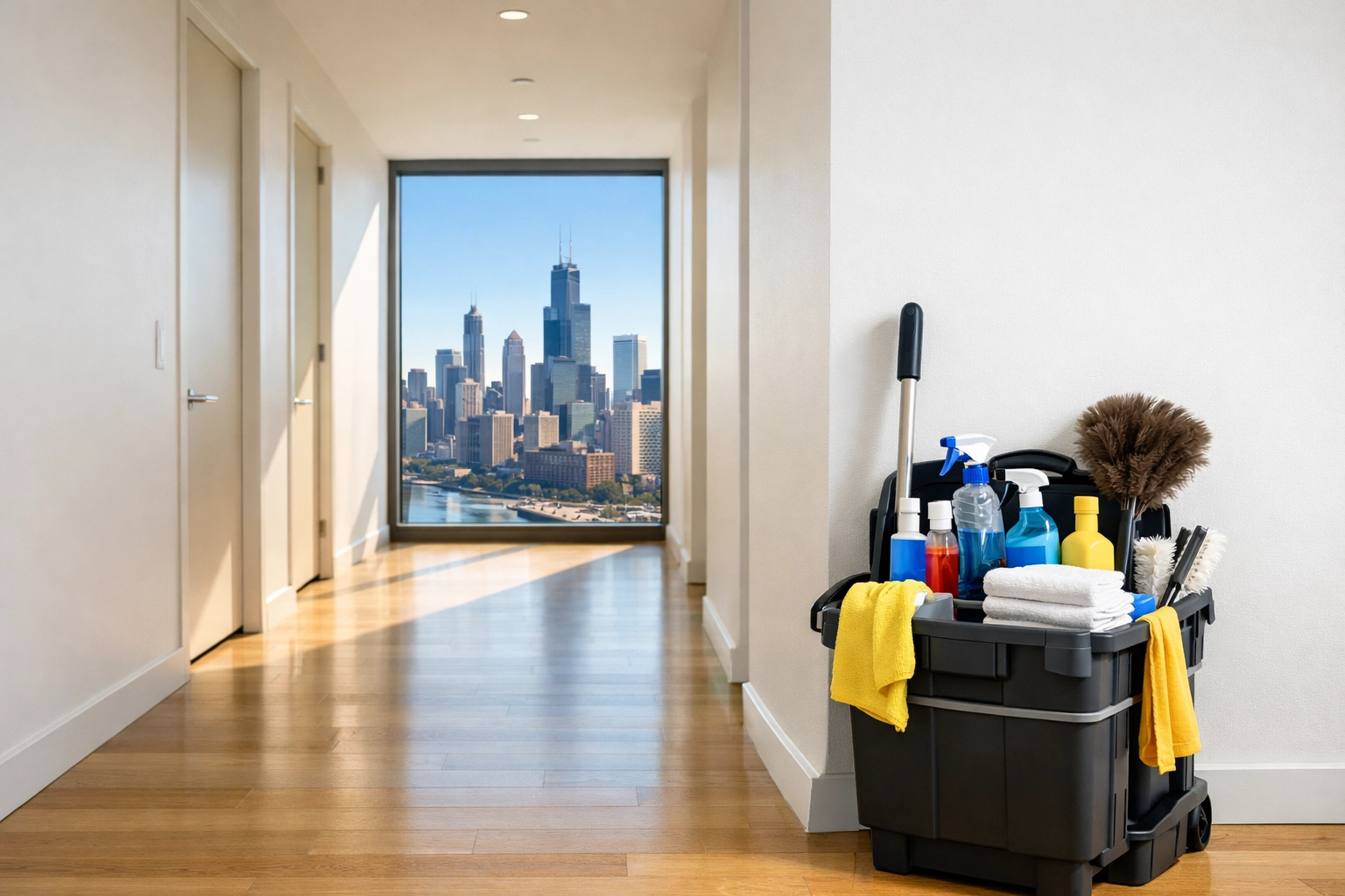 Professional cleaning supplies in a Chicago high-rise hallway during a property turnover.