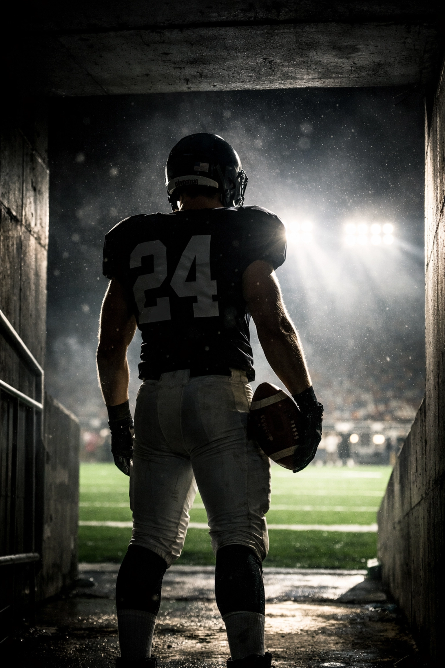 Focused football athlete standing in a stadium tunnel, symbolizing the start of building a lasting sports legacy.